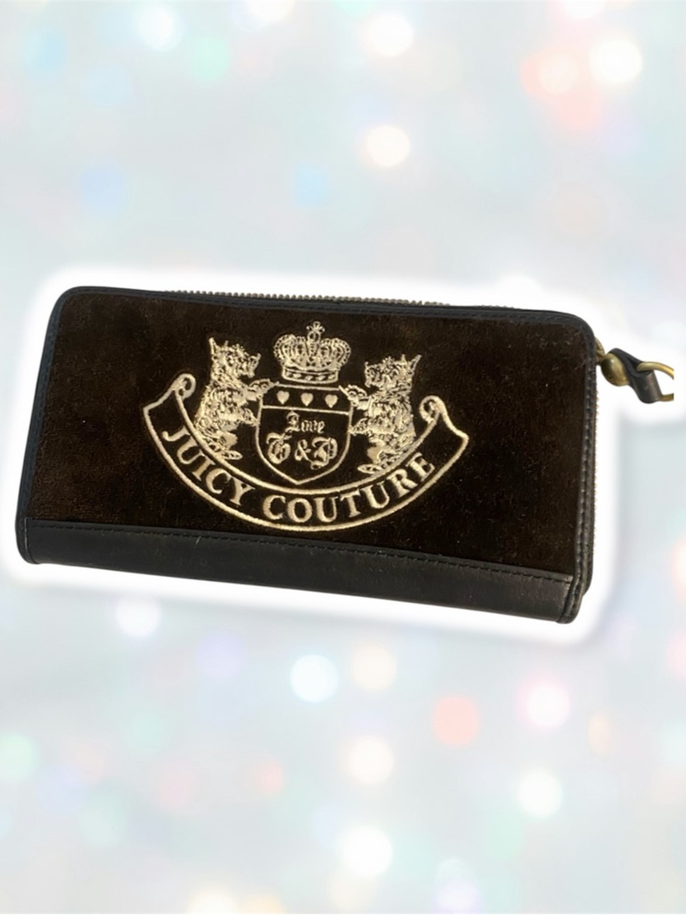 Juicy Couture Black Leather Zip-Around Wallet with Gold Accents